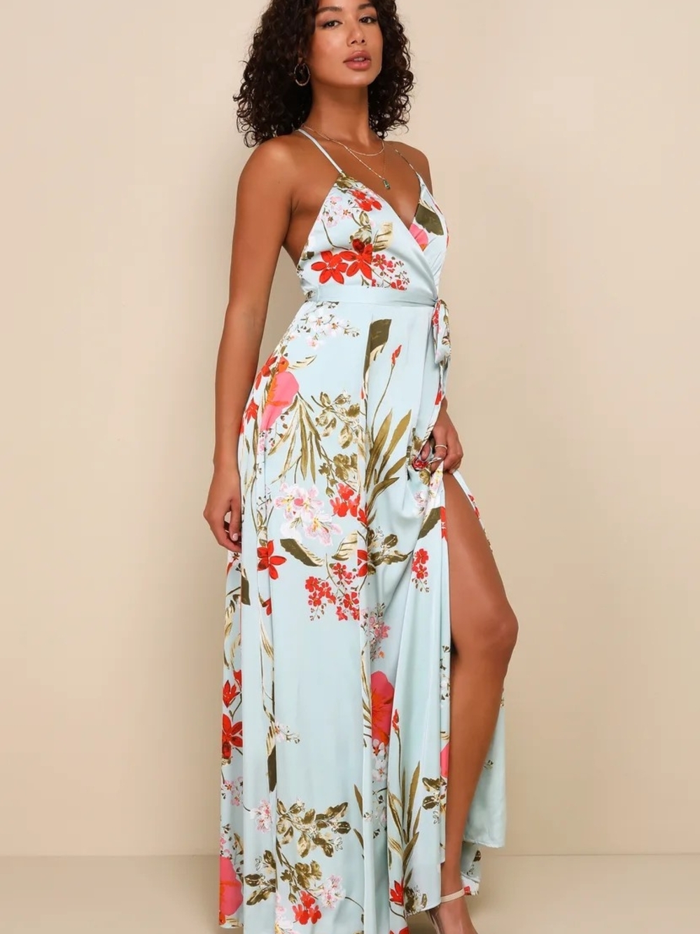 Lulu's Sky Blue Floral Wrap Maxi Dress